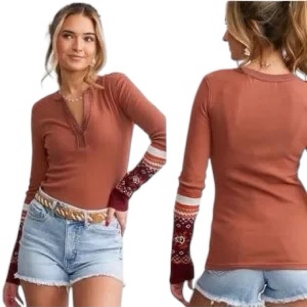 Free People Rust Waffle Henley with Patterned Maroon Cuffs - Picture 3 of 10
